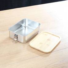 Stainless Steel Lunch Box With Bamboo Lid And Straight Buckle Design; Large Capacity Partitioned Lunch Box; Leak-Proof Structure; Suitable For Office Workers, Students, Outdoor Picnics, Travel, Office Dining, And Daily Use; Practical Item. - Silver - View 8