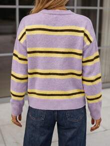 Women's Colorblock Striped Crew Neck Long Sleeve Drop Shoulder Loose Knit Pullover - Lilac Purple - View 3