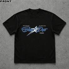 Cotton Retro Street T‑Shirt, Blue  Star Letter Print, Short Sleeve For Travel Daily Outfit - Black - View 3
