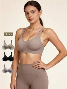 Lilivine 3pcs Simple & Comfortable Sports Bras For Women, Wireless, Solid Color - Multicolor - View 1