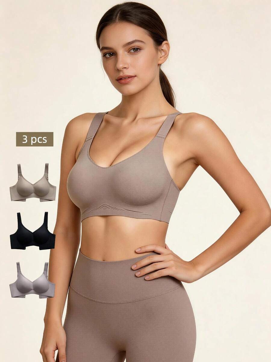 Lilivine 3pcs Simple & Comfortable Sports Bras For Women, Wireless, Solid Color - Multicolor - View 1