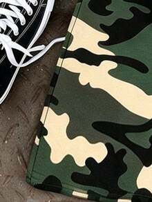 Teen Boy Street Rabbit Print Crew Neck Sweatshirt & Camouflage Wide Leg Pants 2pcs Set, Autumn Winter Outfit, Campus Style, Homecoming Look - Black - View 5