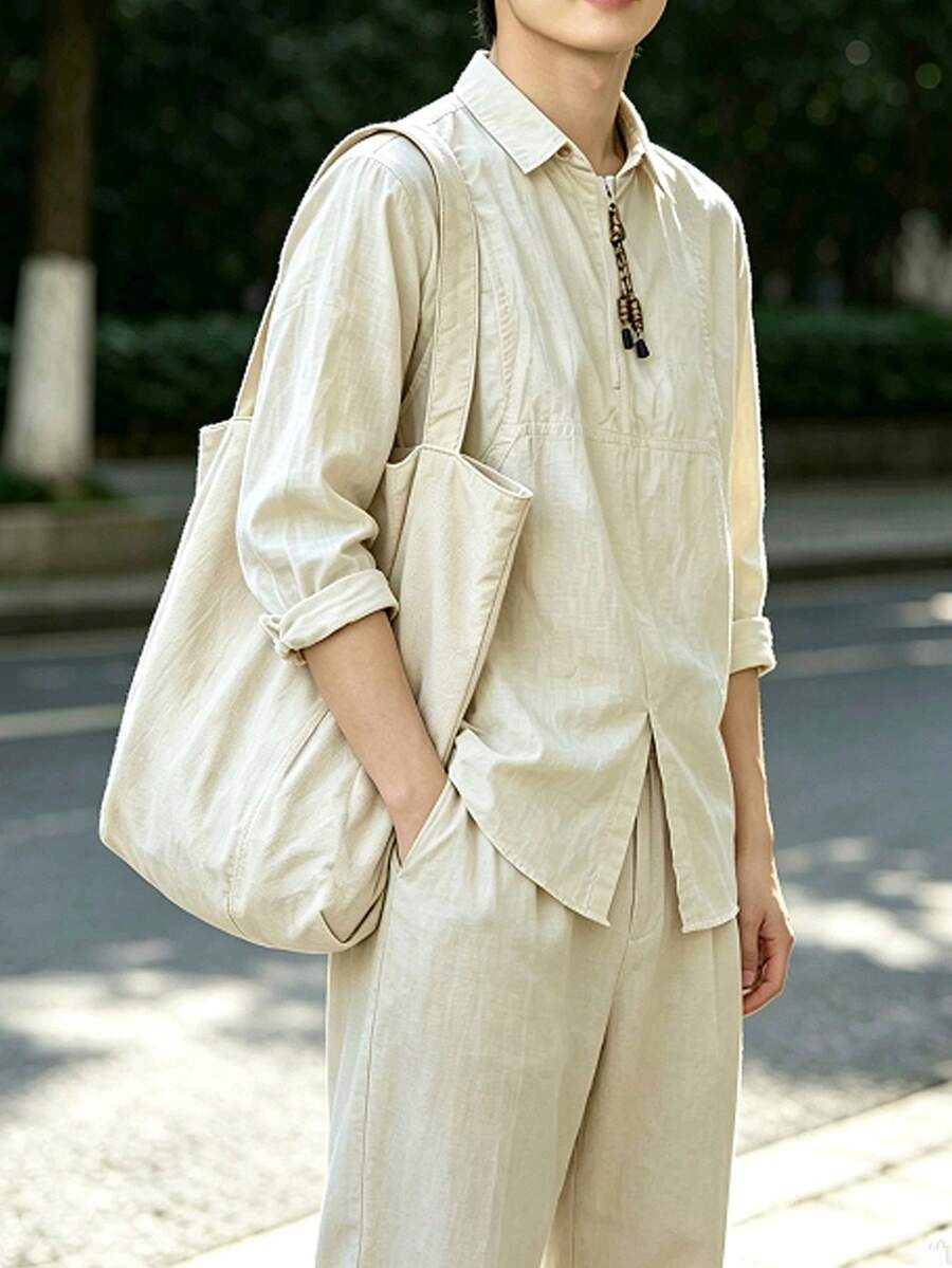 Solid Color Men's One Shoulder Tote Bag, Versatile Shopping Bag, Striped Large Capacity Canvas Bag - Beige - View 1