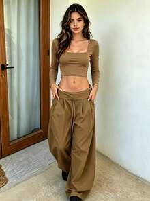 Women's Vintage Casual Y2K Loose Wide Leg Straight Leg Cargo Pants, Drawstring Detail, Streetwear, American Retro, Versatile - Khaki - View 3