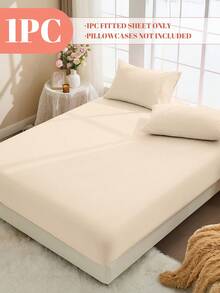 1pc 100% Pure Cotton Fitted Sheet, Solid Color Fitted Sheet, Soft & Comfortable, Breathable & Anti-Pilling, Suitable For Twin/Full/Queen/King All Mattress Sizes, Machine Washable, Room Decor, Beige - Beige - View 3