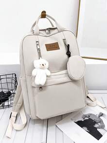 2pcs/Set Women's Nylon Fashion Backpack With Double Straps And Pendant Accessory, Sold Together - Beige - View 6
