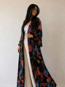 Hafizah Printed Cardigan Headscarf Middle Eastern Dubai Abaya Robe With Chain Print, Fashion Women Robe - Hot Pink - View 2