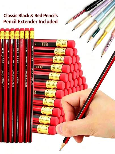52/32/11pcs Classic Black & Red Hexagonal Pencil Set, Includes Pencil Extender, HB Pencils For Students Writing, Office Supplies, Back To School Stationery, New Semester Essentials, Holiday Gift