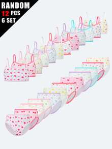 Random 12Pcs Girls Tank Top & Panty Set, Cute Floral Pattern, Soft Elastic Comfortable Girls Underwear Triangle Panty Set - Multicolor - View 1