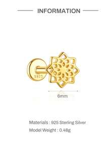 925 Sterling Silver Hidden Cochlea Cartilage Stud Earrings For Women, 18K Gold Plated Lotus Flat Back Piercing Jewelry Gift - Gold - View 8