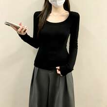 Black Fashion Minimalist All-Match Long Sleeve T-Shirt Women's Autumn Outfit Slim Fit Inner Layer Layering Elegant Versatile Halloween Outfit Top - Black - View 5