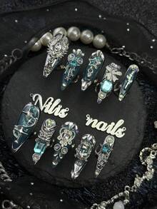 10pcs Handmade Fully Covered Stiletto Nails Press On Nails, Cadet Blue3D Metal Bow Star Roses And Other Decorations Fake Nails, Suitable For Party, Dance, Daily, Beach Vacation, With Jelly Glue & Nail File, Luxury Mystical Y2K Mermaid Style Reusable - Cadet Blue - View 4