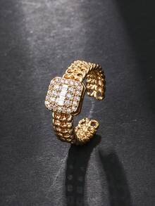 1pc Square Chain Style Women's Ring, Cubic Zirconia Inlaid, Gold And Silver Dual Color Open Adjustable Ring, Daily Wear, Gift For Girlfriend - Chain Link Rectangular Ring - View 7