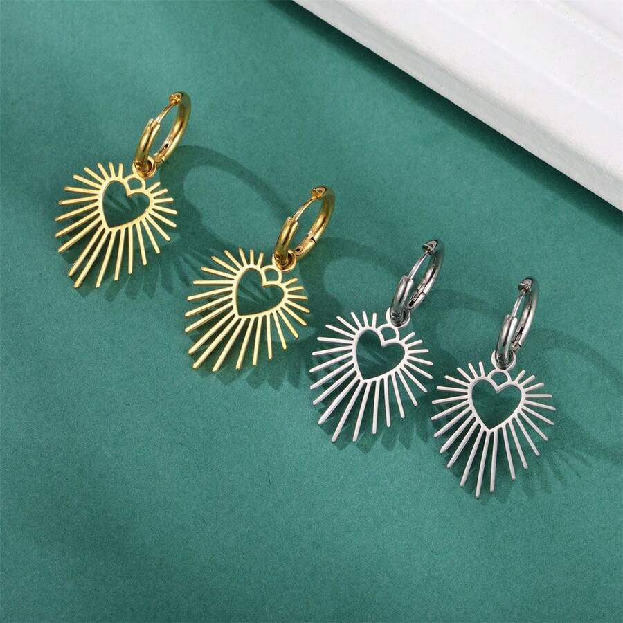 BMOR 1pair Sun Heart Shape Huggie Hoop Earrings Ladies Boho Silver Stainless Steel Earring For Women Fashion Jewelry Gift - Sun - View 1