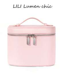 Thick Litchi Grain Wear-Resistant Durable Shaped Not Easily Deformed, Large Capacity Box-Type Storage For Makeup, Skincare And Cosmetics, Horizontal Box-Type Zipper Closure Dust-Proof, Minimalist Premium Commuter Style Makeup Storage Handbag - Pink - View 1