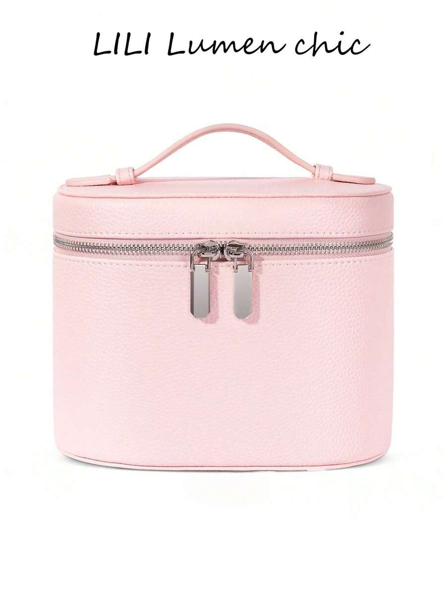 Thick Litchi Grain Wear-Resistant Durable Shaped Not Easily Deformed, Large Capacity Box-Type Storage For Makeup, Skincare And Cosmetics, Horizontal Box-Type Zipper Closure Dust-Proof, Minimalist Premium Commuter Style Makeup Storage Handbag - Pink - View 1