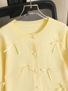BYGOUBY Cardigan Rajut Polos dengan Pita, Lengan Panjang, Gaya Musim Gugur/Dingin - Kuning - View 8