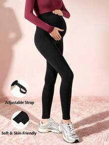 1pc Adjustable Maternity Leggings, Black High Waist Belly Support Pants, Suitable For Office Commute, Long Top Matching, Prenatal Checkup, Daily Walking - Multicolor - View 1
