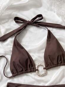 SwimNova Spring/Summer Striped Halter Neck 3-Piece Bikini Swimsuit Set With Matching Sarong, Suitable For Summer Beach And Casual Vacation - Brown - View 4