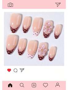30pcs French Almond Shape Press-On Nails, Polka Dot Design, 3D Gel Flower Pattern, Decorated With 3D Steel Ball Beads, Acrylic Material. Includes 1 Sheet Jelly Glue And 1 Nail File. - Multicolor - View 3