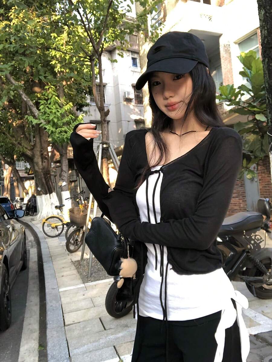 V-Neck Tie-Up Knit Cardigan For Women, Lightweight Loose Casual Short Jacket For Summer Black Fall - Black - View 1