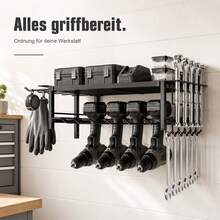 Wandhalterung für Elektrowerkzeuge, 2 Etagen Werkzeugorganizer  Werkzeugregal mit Bohrerschächten & Seitlichem Schraubendreher-Gestell Werkzeugregal Organizer für Garage, Kfz Werkstatt - Schwarz - Übersicht 4
