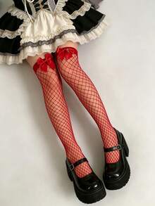 Red Bow Red Fishnet Thigh High Socks Lolita Y2K Gothic Cosplay Stockings - Red - View 5