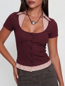 Women's Slimming 2 In 1 Short Sleeve Top, Ribbed Fabric Design With Square Neck, Ribbed Patchwork And Single-Breasted Buttons, Suitable For Office Wear Or Spring Mature Style - Burgundy - View 3
