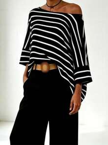 Women's Spring Summer Autumn Striped Asymmetrical Shoulder Batwing Sleeve Loose Casual Top Suitable For Daily Outings Indoor Commuting - Black - View 3