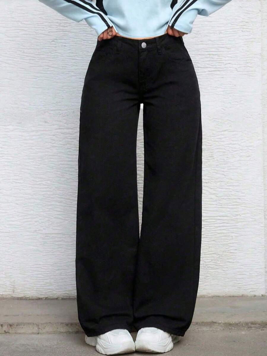 Teenage Girls' Fashion Solid Color Straight-Leg Jeans - Black - View 1