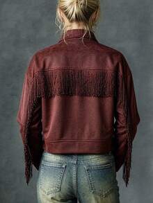Vintage Western Fringed Faux Suede Jacket, Women's Lapel Short Bohemian Denim Jacket - Coffee Brown - View 4