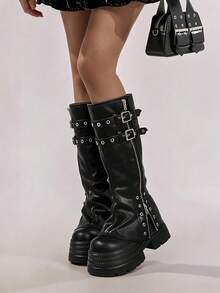 Goth Women's Fold Over Knee High Boots Platform Y2k Punk Thick Sole Belt Buckle Wedges High Heels Motorcycle Ruched Slouchy Boots Fashion Halloween - Black - View 6