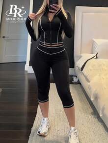 BADDIE REALM 女款 2 件式修身彈性套裝，對比滾邊細節，七分褲，日常運動休閒套裝 - 黑色 - 查看 7