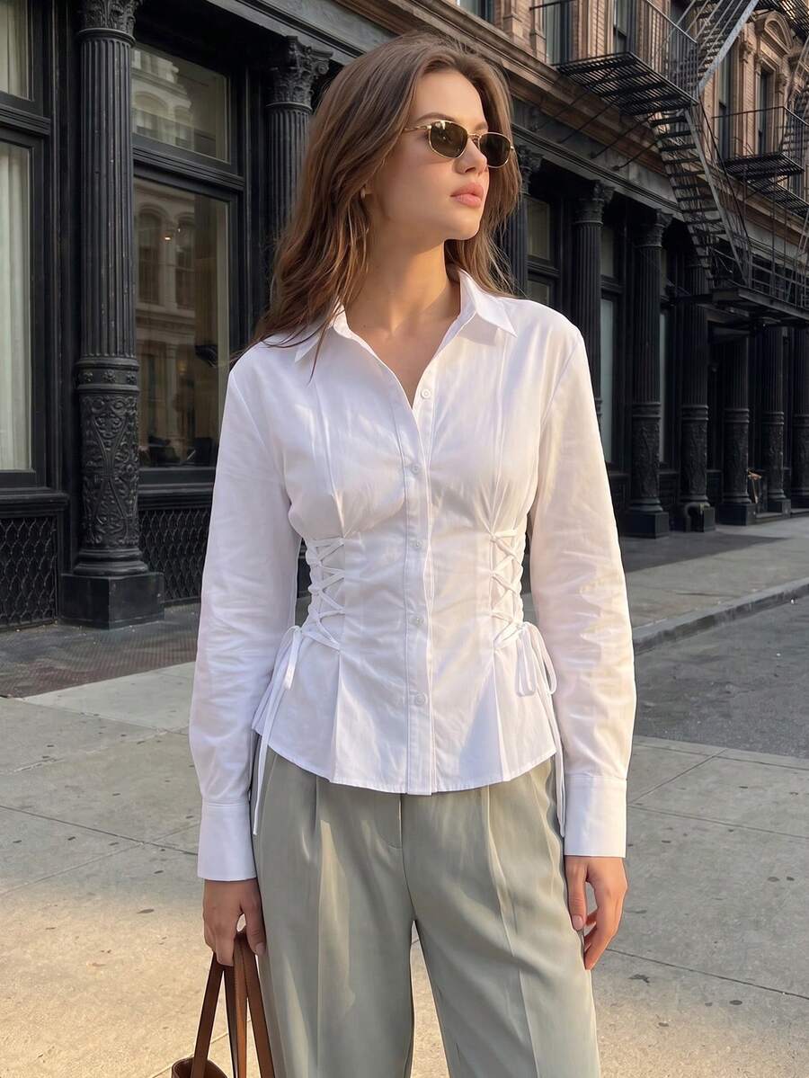 Women's Ruffle Trim Side Tie Long Sleeve Button Shirt, Casual Autumn Daily Commute Outing Date Outfit - White - View 1