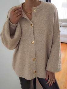 Marisole Women's Casual Daily Dropped Shoulder Long Sleeve Crew Neck Ribbed Button Cardigan, Fashion Basic Commute Travel Vacation Knit Sweater, Autumn/Winter - Camel - View 4