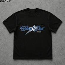 Cotton Retro Street T‑Shirt, Blue  Star Letter Print, Short Sleeve For Travel Daily Outfit - Black - View 1