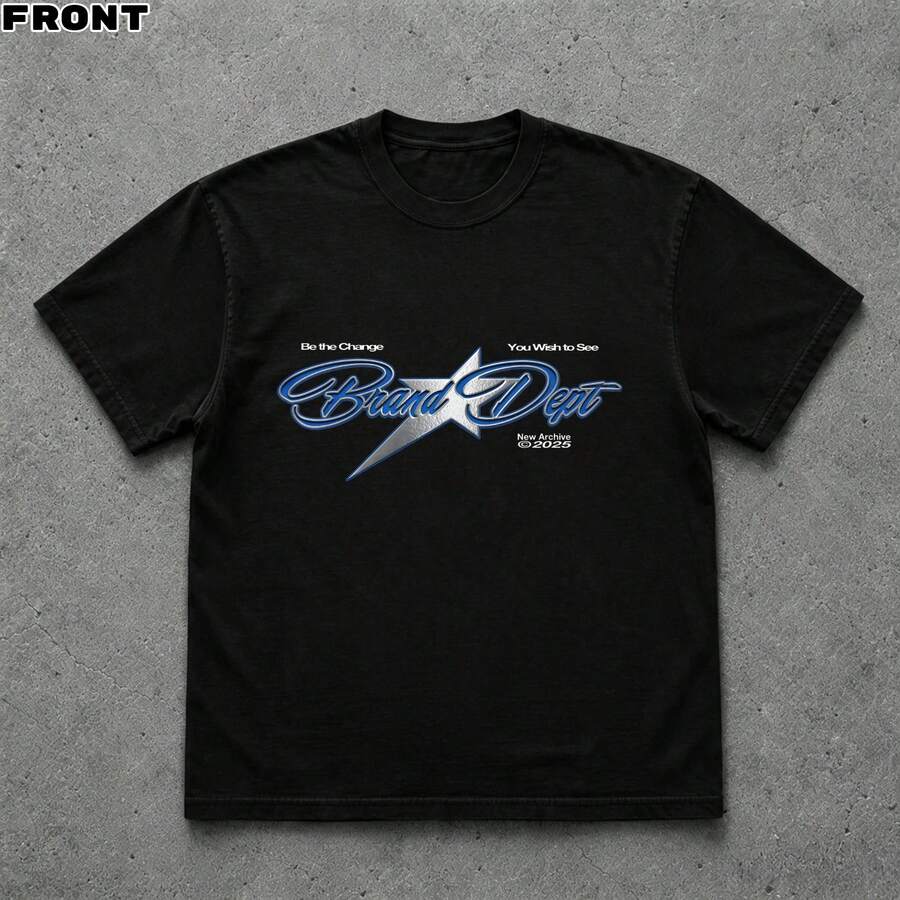 Cotton Retro Street T‑Shirt, Blue Star Letter Print, Short Sleeve For Travel Daily Outfit - Black - View 1
