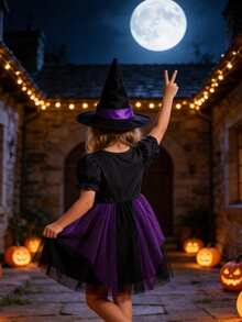 Halloween Girls Toddler Dress, Cute Casual Purple Spider Web Print Petal Sleeve Short Sleeve Round Neck Mesh Patchwork Dress - Purple - View 2