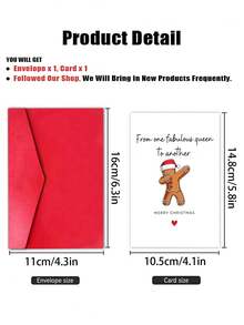 1pc Sassy Gingerbread Man Christmas Card With Envelope, Printed Dabbing Gingerbread Santa Hat Art, "From One Fabulous Queen To Another", For Besties & Best Friends, Secret Santa Holiday Gift Exchange, Blank Inside - A - View 5
