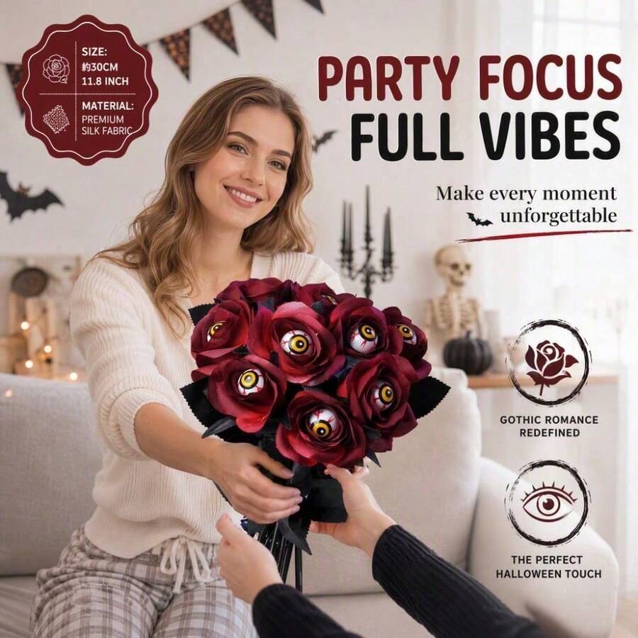 10Pcs Scary Eyeball Dark Red Fake Rose Branches Halloween Vase Bouquet Accessories - Multicolor - View 1