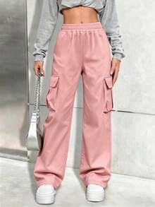 1pc Girls Casual Cargo Pants, Simple Loose Straight Leg Sports Trousers, Suitable For Daily Outdoor Wear - Pink - View 2
