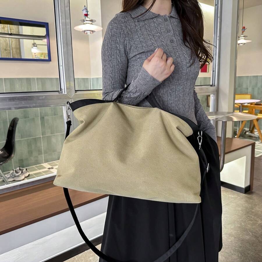 Solid Color Large Capacity Canvas Tote Shopping Bag, Multi-Pocket Design, Mother's Day Gift For Mom, Commute Travel Minimalist Fashion Versatile - Khaki - View 1