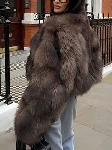 Women's Short Faux Fur Jacket, Long Sleeve, Knitted Fabric, Winter Outfit Essential - Coffee Brown - View 5