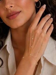 1pc Gold Fashionable Unique Design Double Finger Connected Bracelet For Women, High-End Rhinestone Embellished Hand Chain Jewelry For Ball, Banquet And Party - Gold - View 2