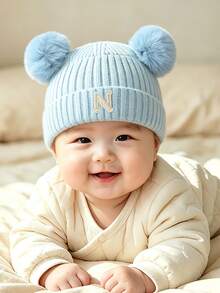 1pc Personalized Knit Baby Hat, 26 Letter Knit Hat For Toddlers & Children, Handmade Skull Cap For Baby Girls, Suitable For 0-3 Years Old Daily Wear - Blue - View 3