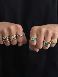 13pcs Fashion Hip Hop Multicolor Rhinestone Rings, Minimalist Geometric Knuckle Rings, Suitable For Stacking, Daily & Party Wear, Holiday Gift, Men's Ring Set - Multicolor - View 4