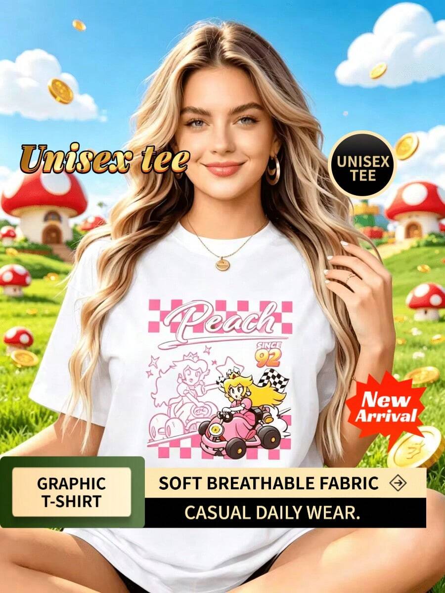 Unisex Round Neck Game Theme T‑Shirt Cartoon Kart Character Print Party Gift Top Party Outfit - 白色 - 查看 1