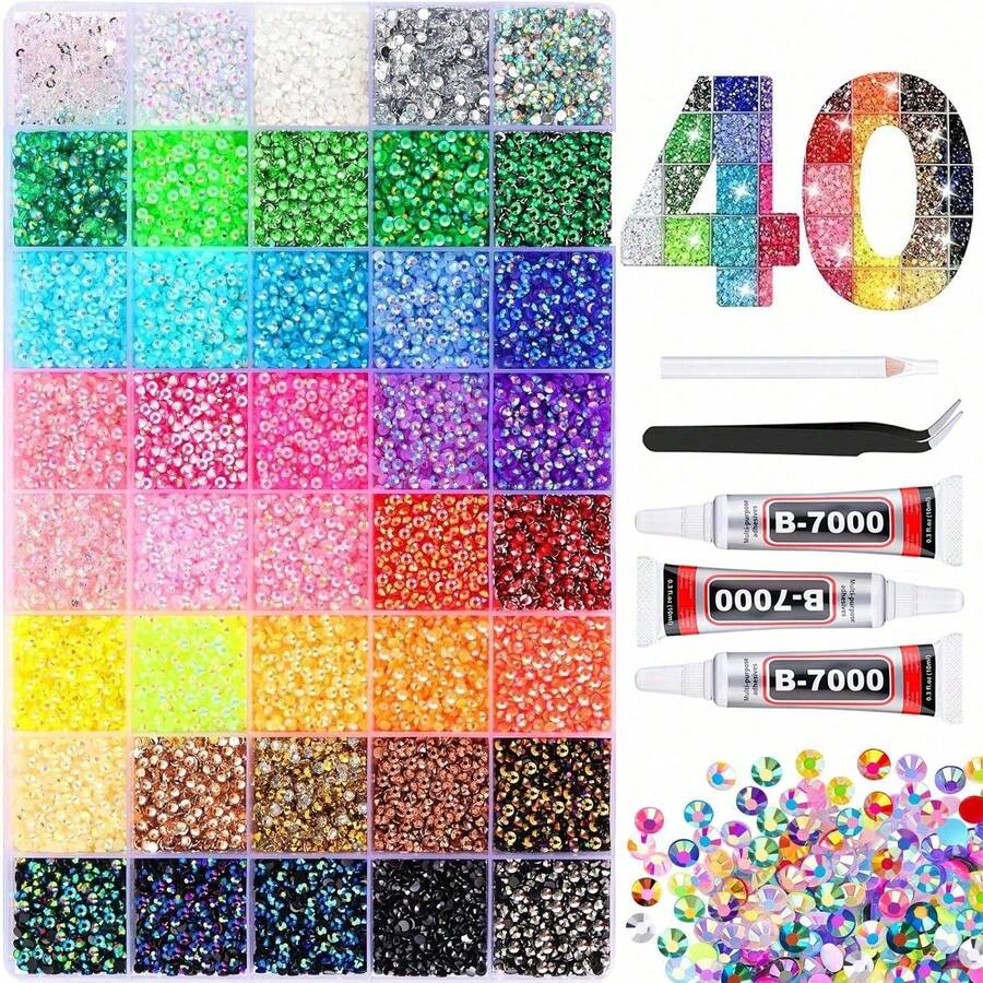 32,000pcs/40 Colors Flat Back Rhinestone Set, Multi-Color Handmade Gemstone Kit With Pickup Pen And Tweezers, Suitable For DIY, Clothing, Shoes, Shiny Jewelry, Colorful Mixed Palette