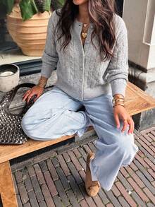FOR BEAUTY Fall Winter Women Cardigans Y2K Chic Grey Chunky Cable Knit Button Up Crew Neck Slim Sweater Outerwear Daily Office Streetwear Outfits Tops - White Ash - View 4