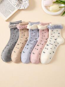 5 Pairs Ins Style Ruffled Ditsy Floral Mid-Calf Socks, Japanese Cute JK Lolita Student Slouch Socks For Girls, Soft And Comfortable, White And Pink, Suitable For Daily Wear And All Seasons - Multicolor - View 9